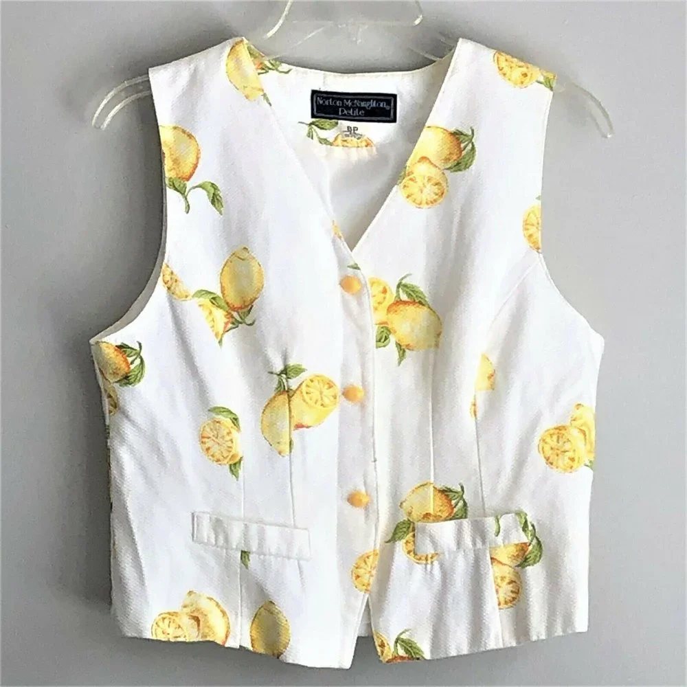 Vintage 90s Y2K Norton McNaughton Waffle Cotton White Lemon Vest - Size 8P - Picture 2 of 10
